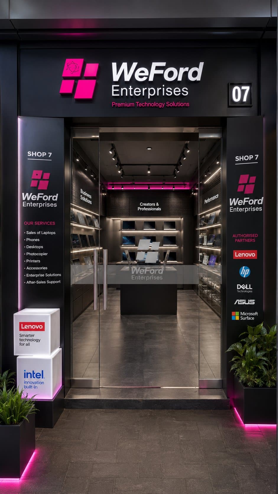 WeFord Enterprise branch storefront at Adejoke Plaza Shop 7, showing the laptop showroom and authorised partner logos