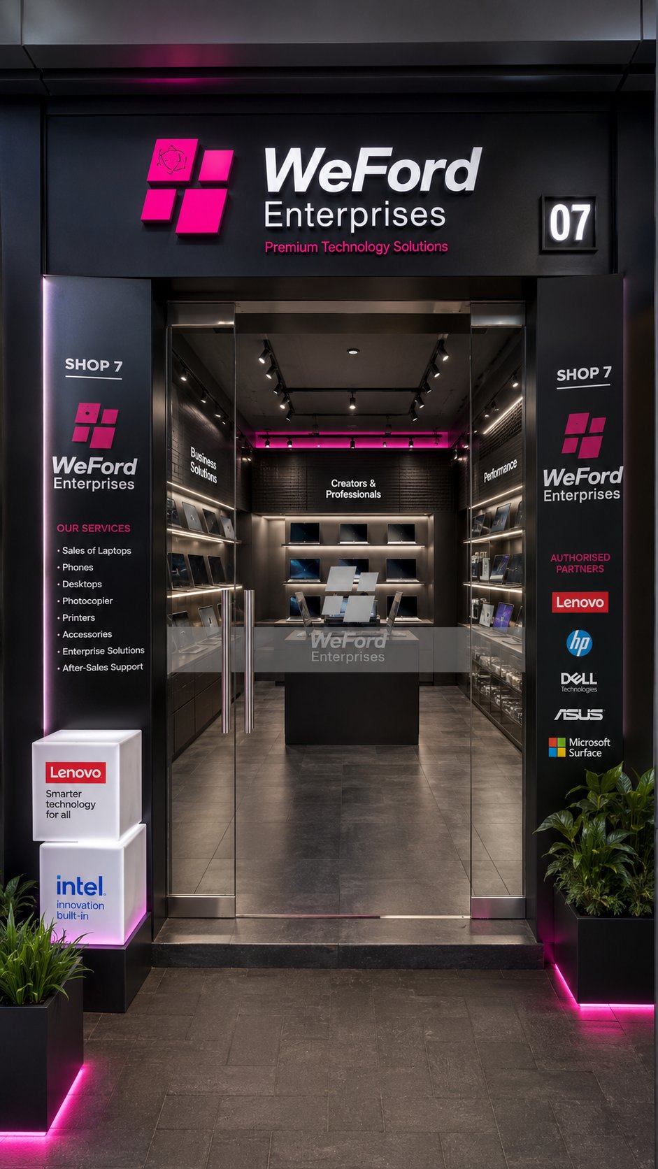 WeFord Enterprise branch storefront at Adejoke Plaza Shop 7, showing the laptop showroom and authorised partner logos